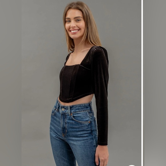 A17- Velvet Square Neck Long Sleeve Corset Crop Top - Picture 1 of 4